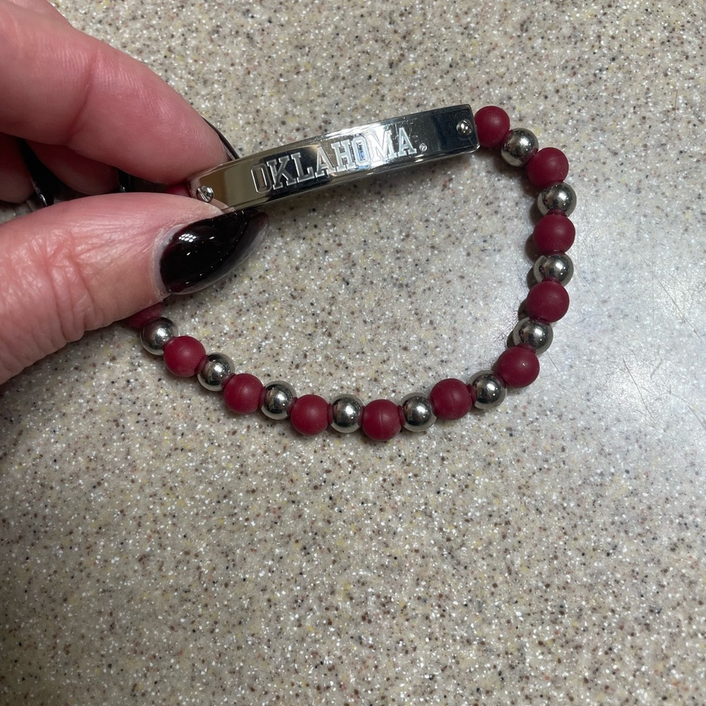 Rustic Cuff Oklahoma Red and Silver Beaded Bracelet